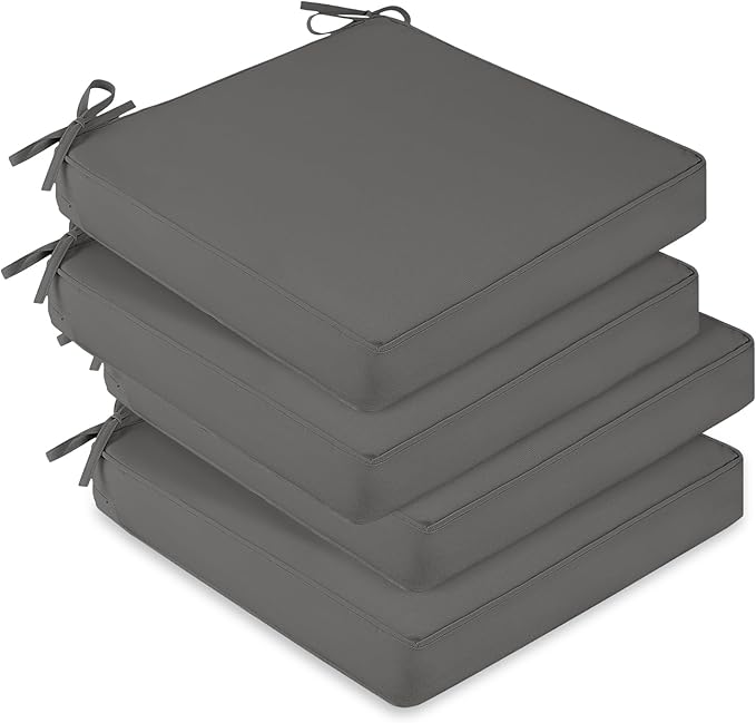 downluxe Waterproof Outdoor Chair Cushions Set of 4, 19" x 19" x 3" Patio Chair Cushion with Non-Slip Ties & Handle, Square Outdoor Cushion for Patio Furniture with Removable Cover, Dark Grey