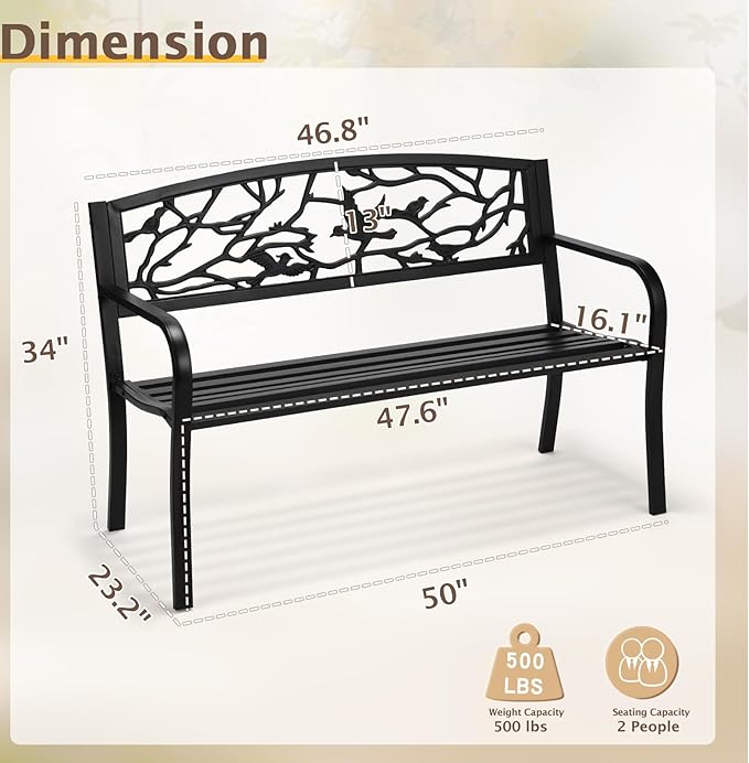 Outvita Outdoor Bench, 50" Iron Steel Frame Garden Bench with Magpie Pattern and Plastic Backrest Armrests, Patio Bench for Garden Park Yard Front Porch Patio, Black