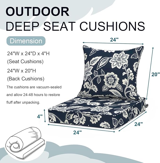 Outdoor Deep Seat Cushion Set, Water Repellent 24"x24" Patio Thick Cushions Replacement with Seat & Back Pillow for Patio Sofa, Wicker Chair, Couch - Vines Navy
