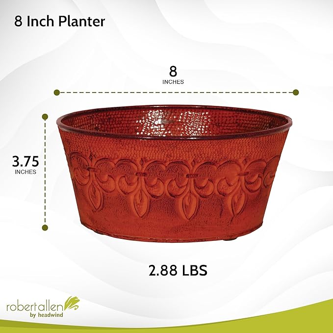 Headwind Ironlite Fleur De Lis Collection – 8" Cayenne Red Bowl Decorative Planter with Drain Plug – Lightweight Metal Garden Pots for Indoor & Outdoor Planters Use by Robert Allen