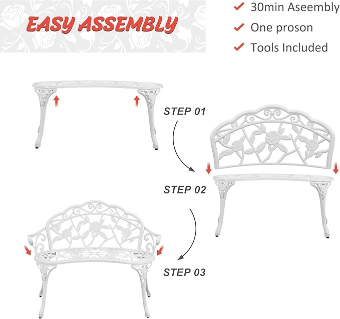 HOMEFUN Outdoor Bench, Patio Garden Benches Metal Loveseat White Cast-Aluminum Outside Furniture for Park Lawn Front Porch