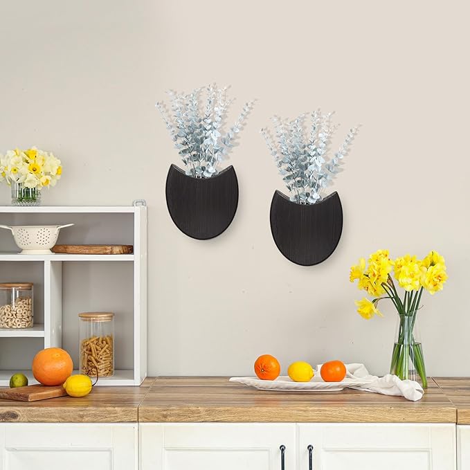 2 Pack Wood Wall Planters with Artificial Plants Farmhouse Boho Wall Decor Pocket Vases for Kitchen Office Living Room Entryway Hallway Bathroom Indoor Decoration(Black)