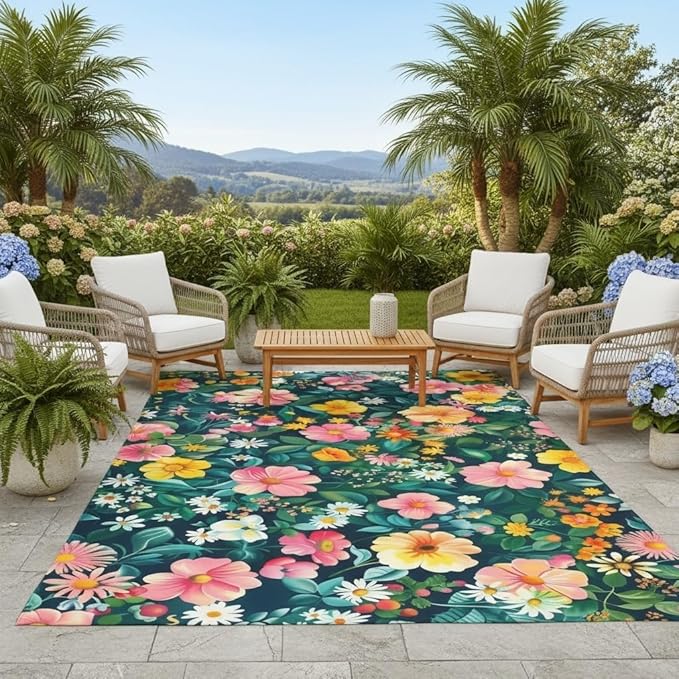 Spring Summer Garden Floral Theme Outdoor Rug for Balcony Patio Deck Porch Backyard Green Leaves Pink Yellow Flowers Area Rugs 9x12 Modern Multicolor Flowers Texture Outside Carpet Camping Mat