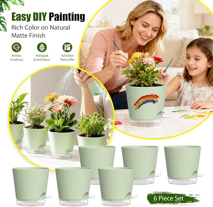 Plant Pots 4 Inch Self Watering Pots,6 Pack Plastic Planters with Drainage Holes and Clear Saucers,Plastic Flower Pots,Nursery Planting Pot for Indoor Out Door Plants (Green)