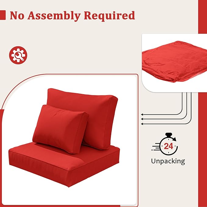 8-Piece Outdoor Cushions for Patio Furniture Thick Outdoor Chair Cushions Resilient Foam Waterproof Deep Seat Cushion Replacement for 3-Seat Sectional Sets Liner&Cover Red