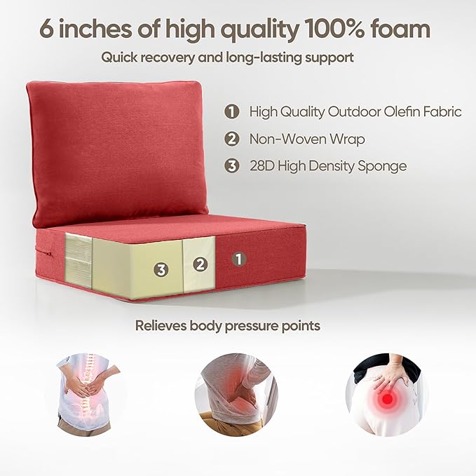 6" Thick Outdoor Cushion, 24 * 24 * 6" Patio Furniture Cushions with Waterproof Patio Furniture Cushions with Removable Cover, 28D High Density Patio Cushion for Outdoor Furniture, Red-4pcs