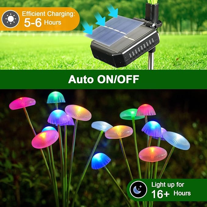 4 Pack Solar Garden Lights, 32 LEDs Swaying Mushroom Lights with 8 Lighting Modes, IP65 Waterproof Outdoor Decor for Garden, Yard, Patio, Pathway (Multicolor)