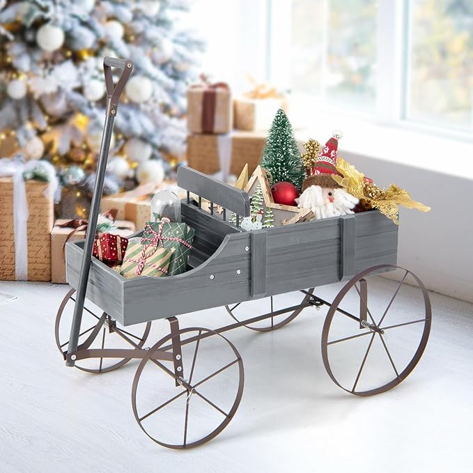 Wooden Wagon Planter with Wheels, Indoor/Outdoor Flower Cart w/Dual-Compartment & Adjustable Handle, Decorative Garden Planter for Home, Yard, Wedding (Grey)