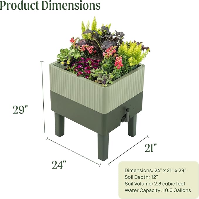 Vego garden EZCube Self Watering Planter Box with Legs, 29" Elevated Raised Garden Bed with Water Gauge for Patio, Backyard 21" x 24" Sage Green