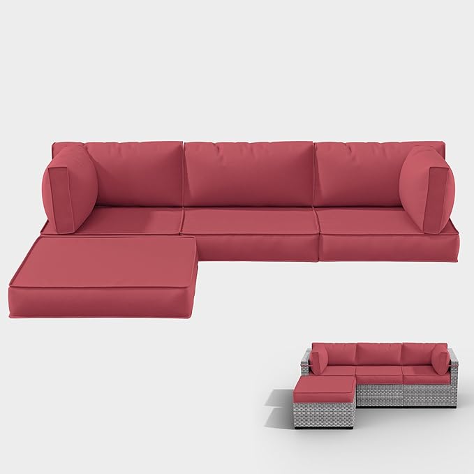 Outdoor Cushions for Patio Furniture with 5 Pillows, Waterproof Patio Furniture Cushions Replacement, 4" Deep Seat Outdoor Sectional Cushions for 4-seat Patio Furniture Chair Sofa Couch,Fuchsiared