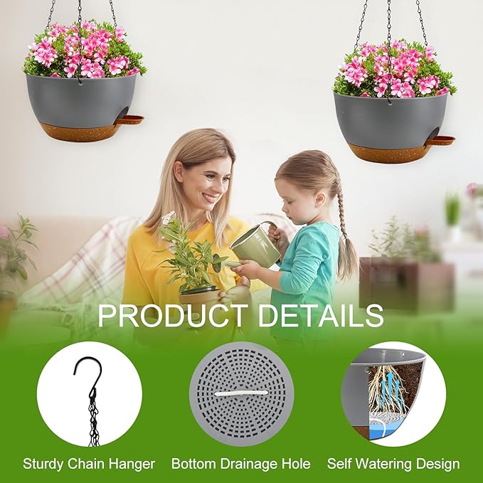 10 inch Hanging Planters for Indoor Plants, 3 Pack Self-Watering Hanging Planter Pots with Chain and Drainage Holes, Outdoor Plastic Hanging Baskets for Garden Home Decor