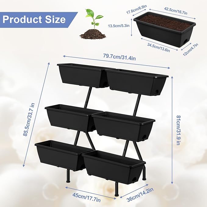 Raised Garden Beds Outdoor with 6 Garden Planter Boxes Freestanding Vertical Raised Bed for Gardening with Legs, Elevated Herb Garden Planter with Water Drainage for Patio, Balcony, Backyard, Black