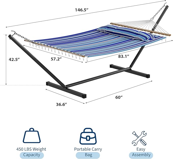GarveeLife 57" 2 Person Outdoor Hammock, Widening Design Cotton Hammock with Metal Stand, Heavy Duty Construction, 450 LBS Weight Capacity, Blue