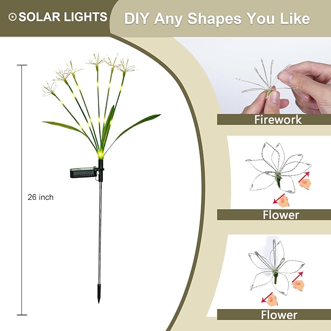Solar Garden Lights Outdoor: Waterproof 2-Pack DIY Decorative Firework Lights with 2 Modes for Yard Patio Pathway Outside Fairy Decor - Christmas Gifts for Women Mom Mothers Day Warm White