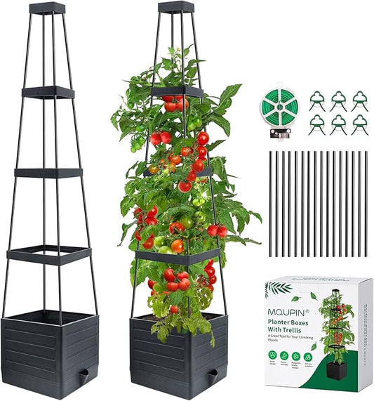 MQUPIN Trellis for Climbing Plants,57in Raised Garden Bed Planter Boxes with Trellis, Tomato Cage Planters for Climbing Plants Vegetable Vine Flowers Outdoor & Indoor/Self-Watering（2Pcs Black）