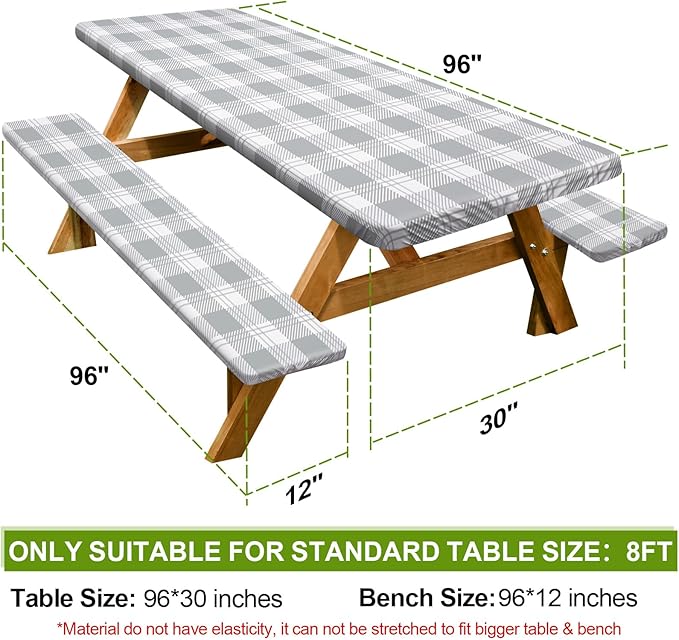 Picnic Table Cover with Bench Covers Camping Essentials Waterproof Windproof Camping Tablecloth with Drawstring Bag, Fitted Rectangle Tables and Seats, 96in, Grey Checkered