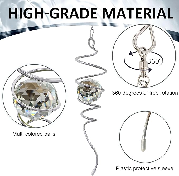 Gazing Ball Spiral Tail, Wind Spinners Stabilizer with Swivel Hook & Clear Crystal Ball, Hanging Suncatcher Decoration, Rainbow Maker Indoor Outdoor Ornaments Creative Decorative Gifts 13"