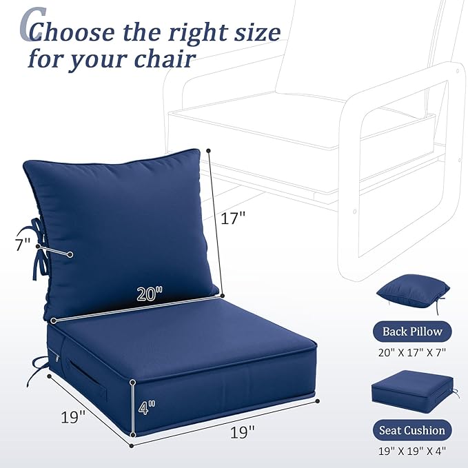 Outdoor Patio Chair Cushions Set 19 L X 19 W X 4 H Inch Waterproof & Fade Resistant Deep Seat and Back Cushions with Removable Covers Outdoor Seat Cushion Set for Chairs and Sofas