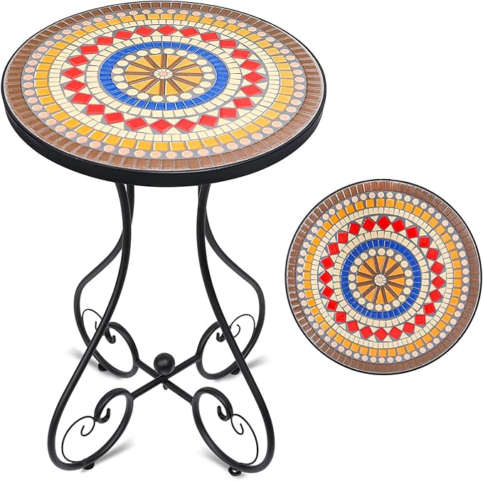 VCUTEKA Mosaic Outdoor Side Table, Round Rustproof Patio Table with 14" Ceramic Tile Top, Indoor Porch Accent Table for Yard, Garden, Living Room, Bistro Balcony, Brown