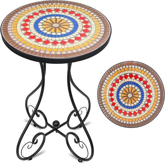 VCUTEKA Mosaic Outdoor Side Table, Round Rustproof Patio Table with 14" Ceramic Tile Top, Indoor Porch Accent Table for Yard, Garden, Living Room, Bistro Balcony, Brown