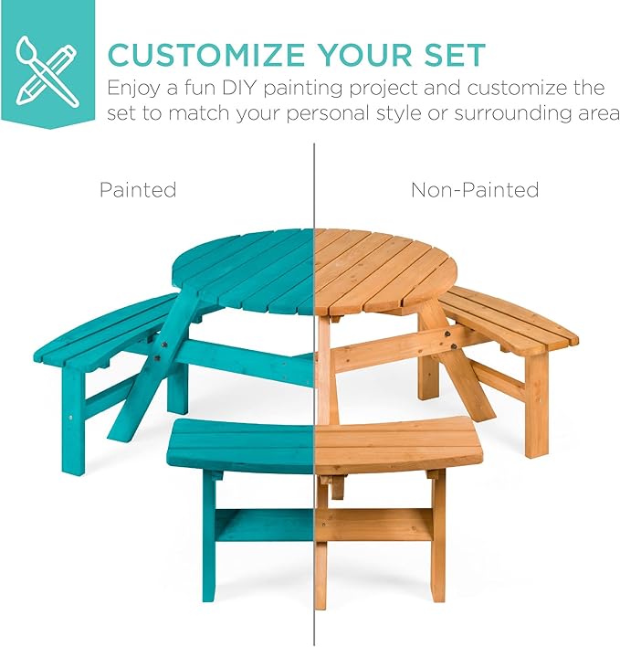 Best Choice Products 6-Person Circular Outdoor Wooden Picnic Table for Patio, Backyard, Garden, DIY w/ 3 Built-in Benches, 500lb Capacity - Natural