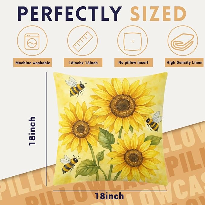 Sunflower Pillow Covers 18x18 inch Set of 4, Yellow Bee Honeycomb Love Home Throw Pillows Cover Sofa Couch Pillow Cases for Farmhouse Indoor Home Decor Decorations