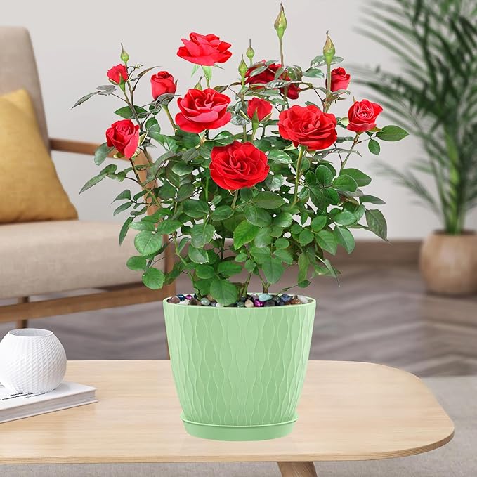 Plastic Flower Pots, 5 Pack 6 inch Indoor Plant Pots Planters for Outdoor Plants Flowers Garden Patio Home Nursery Decor Gifts,Large Succulent Pots with Drainage Tray Saucer & Hole Green