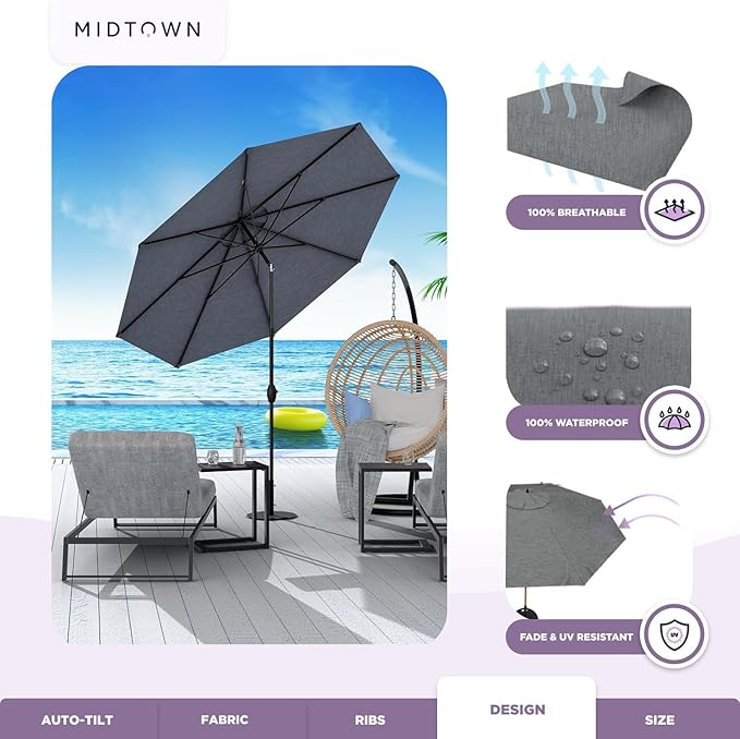 Midtown Umbrellas 10-Year-No-Fade - 9 Ft - UV Proof Heather Grey Polyester Fabric - Umbrella Outdoor Patio, Auto-Tilt Aluminum Frame Patio Umbrella for Garden, Pool & Deck - Black Pole