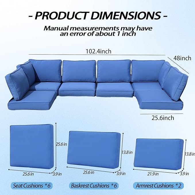 Patio Furniture Cushions,14Pieces Water-Resistant Outdoor Replacement Cushions,Sectional Sofa Cushions for Fits 6-Seats Rattan Wicker Patio Conversation Sets(Blue)