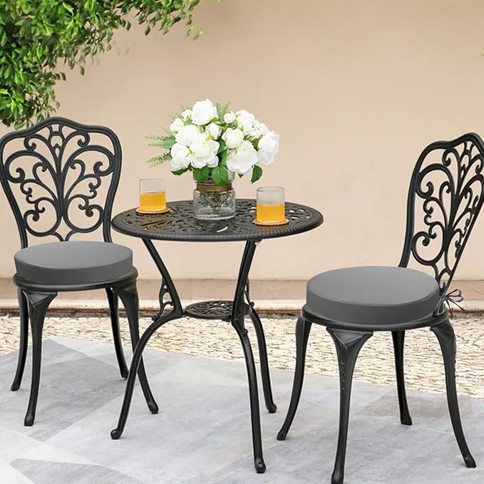 idee-home Outdoor Bistro Chair Cushions, 15”x15”x 3” Thick Outdoor Round Seat Cushions Set of 4 with Ties, Waterproof Round Patio Furniture for Garden