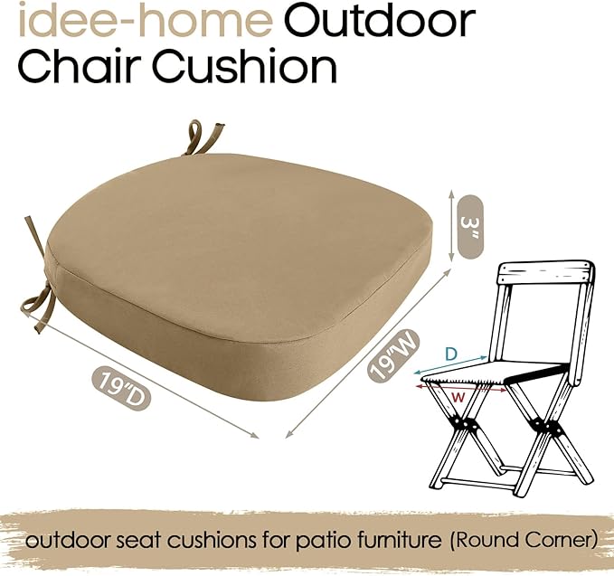 idee-home Outdoor Chair Cushions Set of 2, 19" x 19" x 3" Thick D-Shaped Patio Furniture Outdoor Seat Cushions Waterproof with Ties, Dining Pads