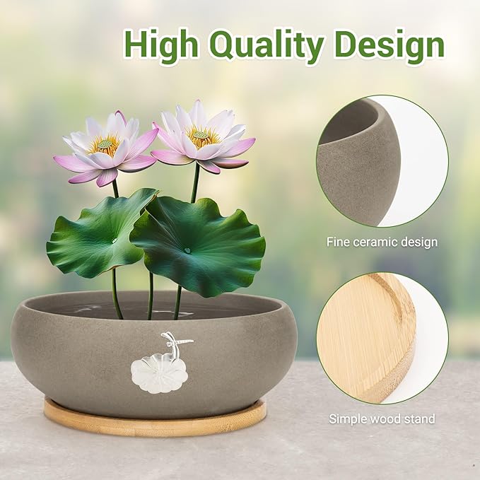 Ceramic Planters with Wooden Tray: 7" Hydroponic Lotus Bowl Planter for Water Lilies | Nature-Inspired Carvings Indoor/Outdoor Decorative Pot | Elegant Aquatic Garden Centerpiece