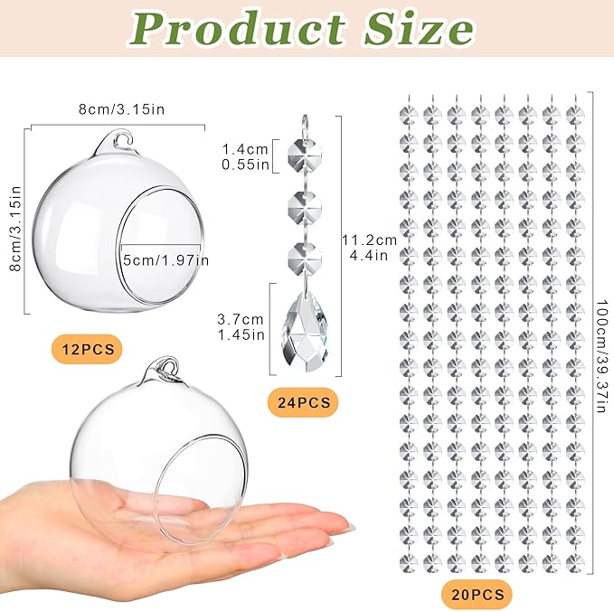 56 Pcs 3.15'' Hanging Glass Tealight Holder Globe with K9 Crystal Garland Strands,Teardrop Pendant Hanging Tealight Candle Holder Orbs Air Plant for Wedding Centerpiece Party Decor (Clear)