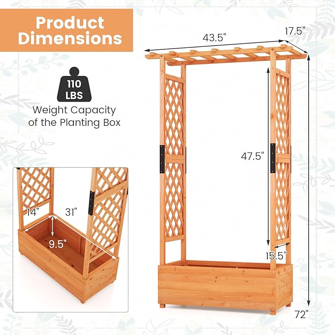 S AFSTAR 72-Inch Raised Garden Bed with Arch Trellis, Hanging Roof & Drainage Holes, Vertical Plant Container for Vine Climbing Plant Flower, Indoor Outdoor Wood Elevated Planter Box for Garden Patio