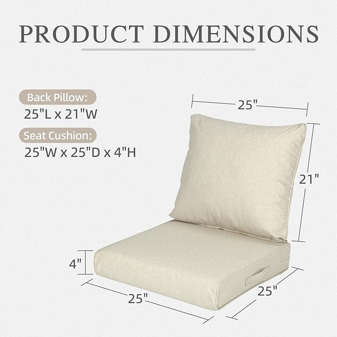 Aoodor 25" x 25" Patio Deep Seat Cushion Set, Water Resistant & Fade Resistant Outdoor Furniture Cushions with Adjustable Straps for Patio, Deck, Garden, Set of 2, Khaki