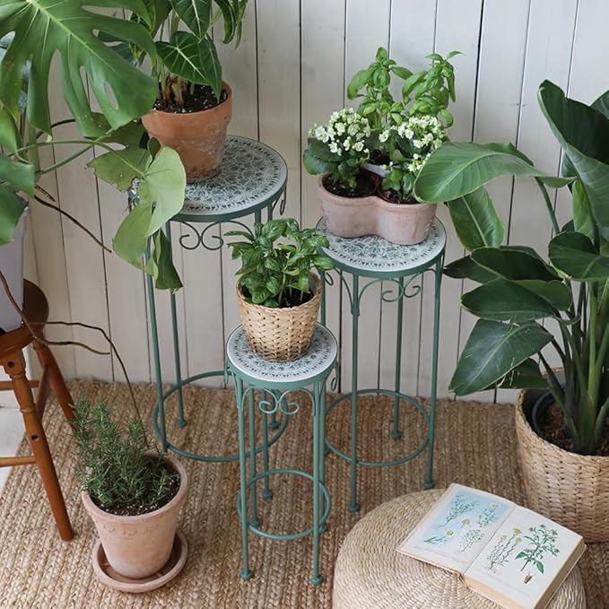 Metal Plant Stand Indoor & Outdoor Set of 3 Round Ceramic Top 28" Tall Mosaic Flower Stand Tile Nesting Display Plant Rack Flower Holder Side Table for Patio Living Room Multi-tiered Flower Pot Holders Garden Accessory Decor Green