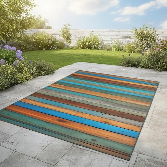 Teal Blue Brown Vintage Striped Old Wooden Plank Outdoor Rug 9x12 Wooden Board Waterproof Outdoor Area Rug for Garden Balcony Backyard Camping Porch Deck Carpet No Slip Washable Floor Mat Multicolor