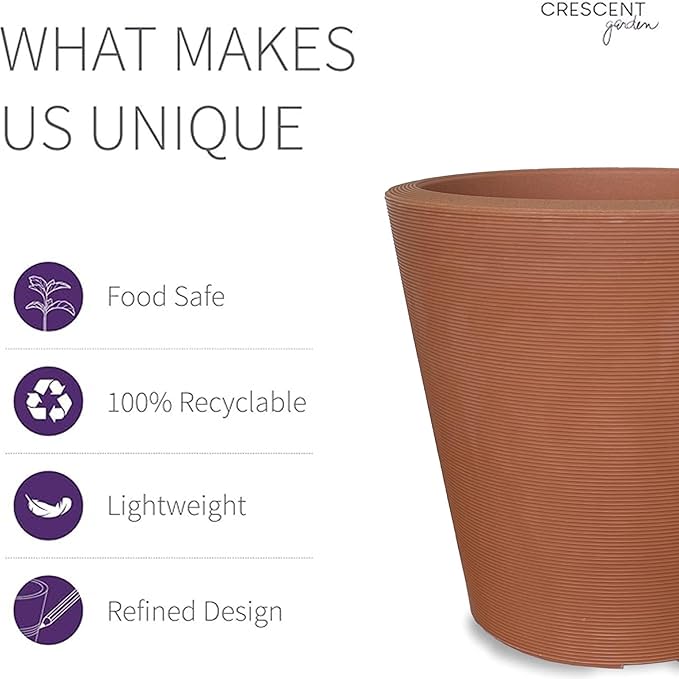 Crescent Garden Madison Planter– Weather-Resistant, Double Walled Indoor/Outdoor Plant Pot with Drain Hole – Durable All-Season Plastic Flower Container, 16" W (Terracotta-Colored)