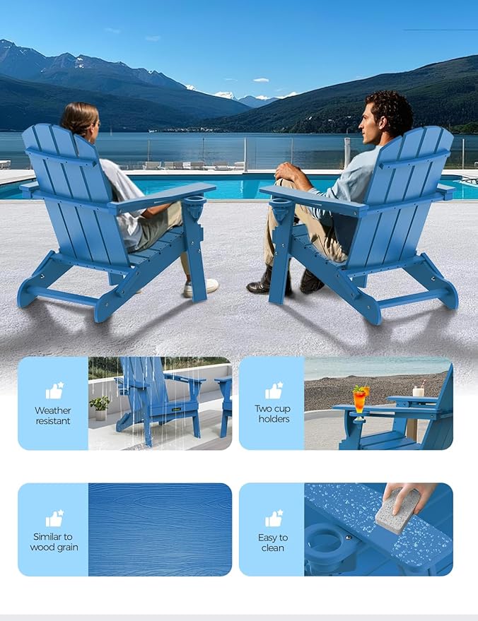 Folding Adirondack Chair Set of 6, Wooden Textured Plastic Adirondack Chairs with 2 Cup Holder, Weather Resistant HDPE Fire Pit Chair, Outdoor Patio Chairs for Garden, Backyard, Lawn, Deck, Blue