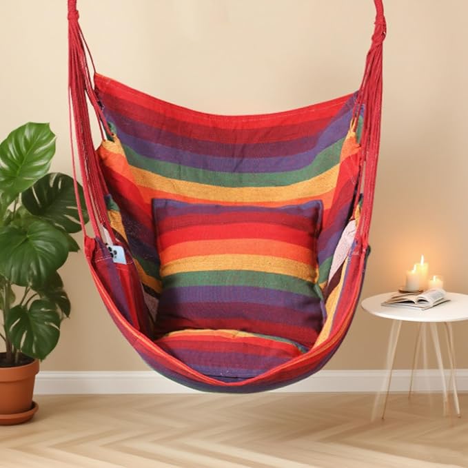 Goutime Hammock Chair,Indoor Hanging Rope Swing,Tree Swinging Chairs for Outside,Outdoor,Home, Bedroom,Patio,Yard,Garden,Balcony,Max 330 Lbs,Rainbow