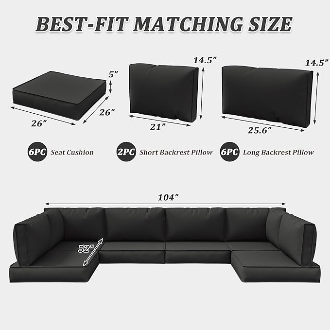 14-Piece Outdoor Cushions for Patio Furniture Thick Outdoor Chair Cushions 5" Foam High-Density Water-Resistant Deep Seat Cushion for 6-Seat Sectional Sets Liner&Cover Black