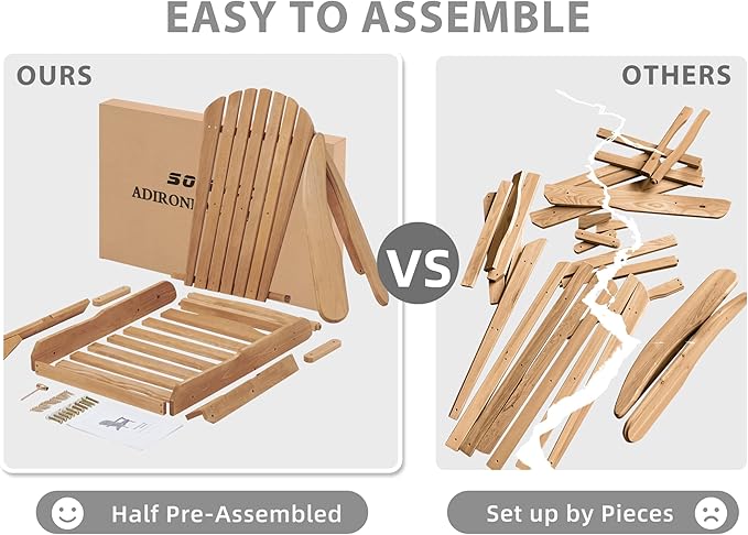 SoliWood Outdoor Wooden Folding Adirondack Chair Set of 4 with Pre-Assembled BackRest, Wood Patio Chair for Garden Backyard Porch Pool Deck Firepit