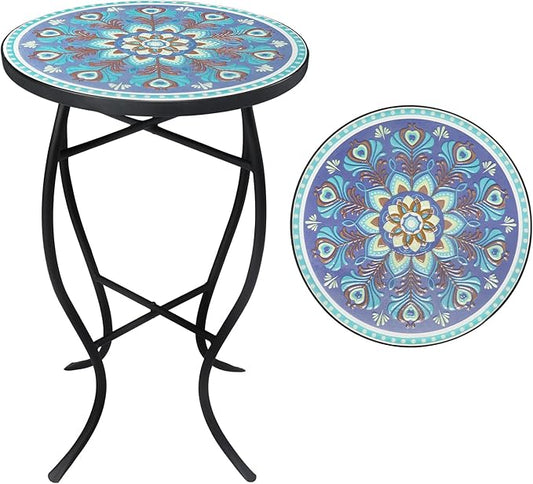 VCUTEKA Mosaic Outdoor Side Table, 14" Round Small Patio Accent Table Indoor End Table for Yard, Garden, Living Room, Bistro Balcony or Lawn