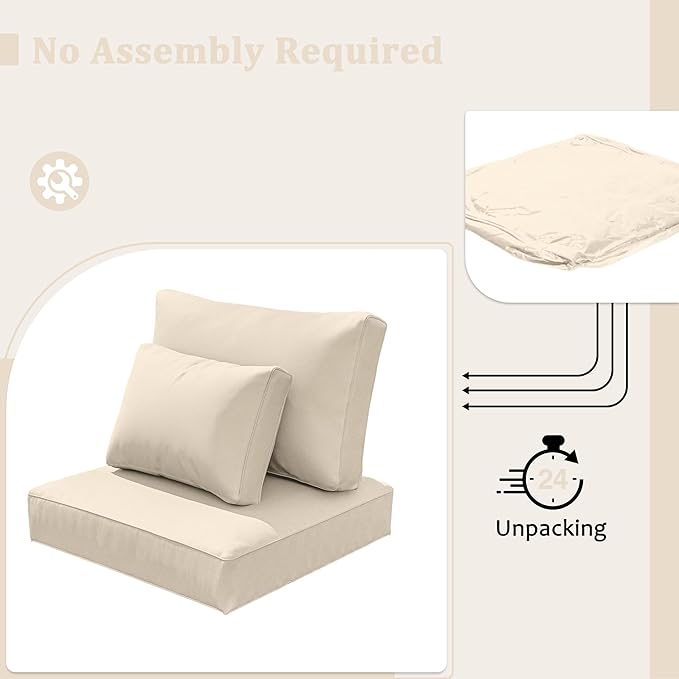 8-Piece Outdoor Cushions for Patio Furniture Thick Outdoor Chair Cushions Resilient Foam Waterproof Deep Seat Cushion Replacement for 3-Seat Sectional Sets Liner&Cover Cream