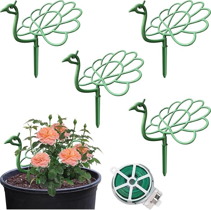 5Pcs Peacock-Shaped Plant Support Stakes for Balcony Garden Sunflower Trellis Growing Through Grid Medium-Sized Universal Tree Topper Holder Including Twist Ties