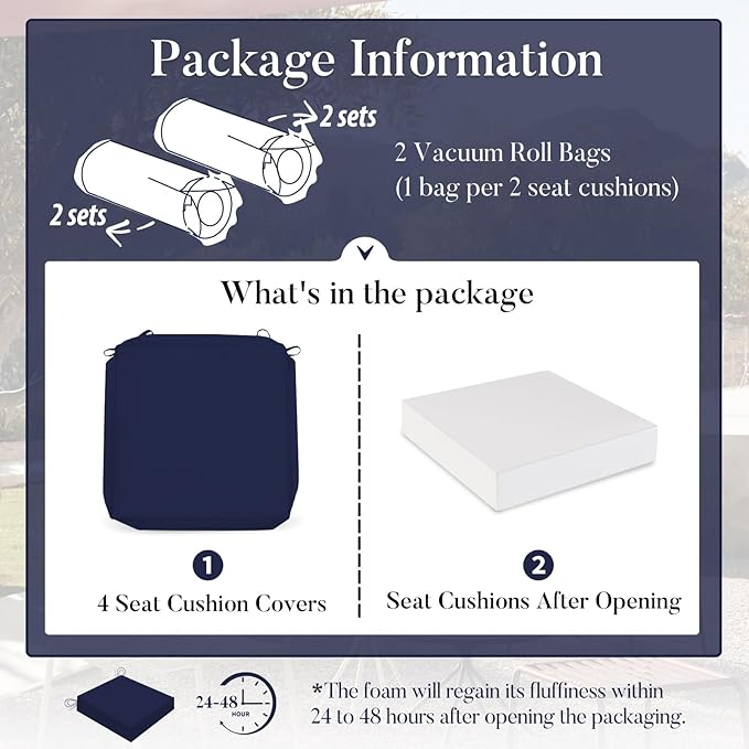 Basic Beyond Outdoor Chair Cushions for Patio Furniture, Waterproof Outdoor Seat Cushions Set of 4 19 x 19, Patio Chair Cushions Set of 4 with Ties and Handle, Navy Blue