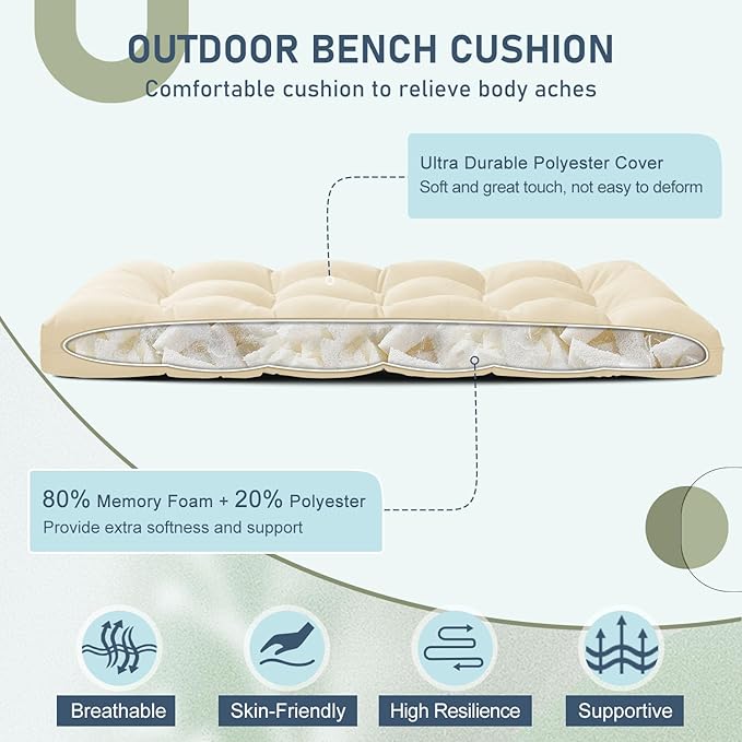 downluxe Outdoor Bench Cushion for Patio Furniture, Waterproof Tufted Overstuffed Porch Swing Cushions, Thick Outdoor Loveseat Cushions, 44" X 19" X 5", Beige, Set of 1