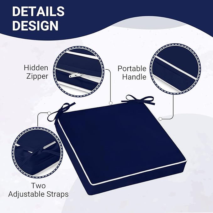 downluxe Waterproof Outdoor Chair Cushions Set of 2, 19" x 19" x 3" Patio Chair Cushion with Non-Slip Ties & Handle, Square Outdoor Cushion for Patio Furniture with Removable Cover, Navy/White