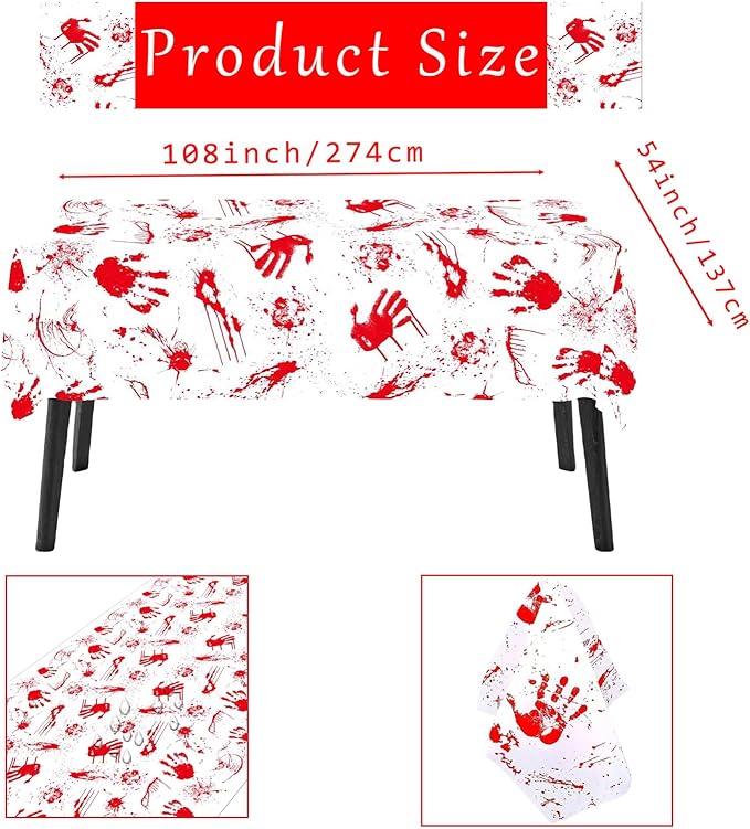 3 Pieces Bloody Handprint Tablecloth - 54x108 Inches Disposable Blood Splatter Themed Plastic Table Cover with Red Handprints for Halloween Horror-Themed Party Decorations, and Scary Movie Nights