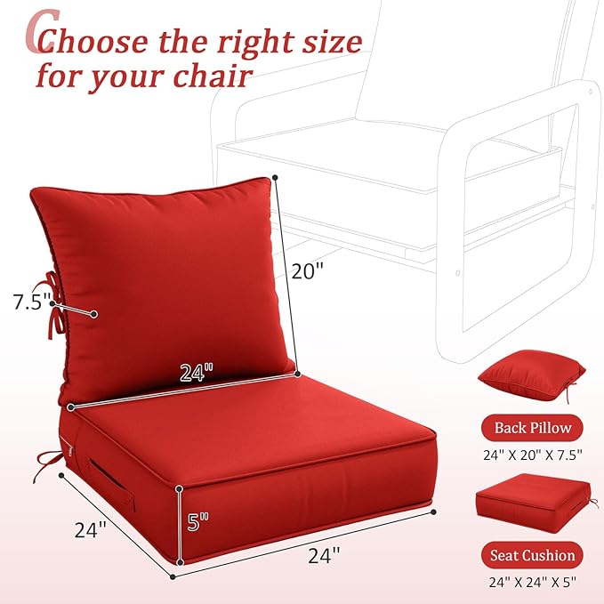 Outdoor Patio Chair Cushions Set 24 L X 24 W X 5 H Waterproof & Fade Resistant Deep Seat and Back Cushions with Removable Covers Outdoor Seat Cushion Set for Chairs and Sofas